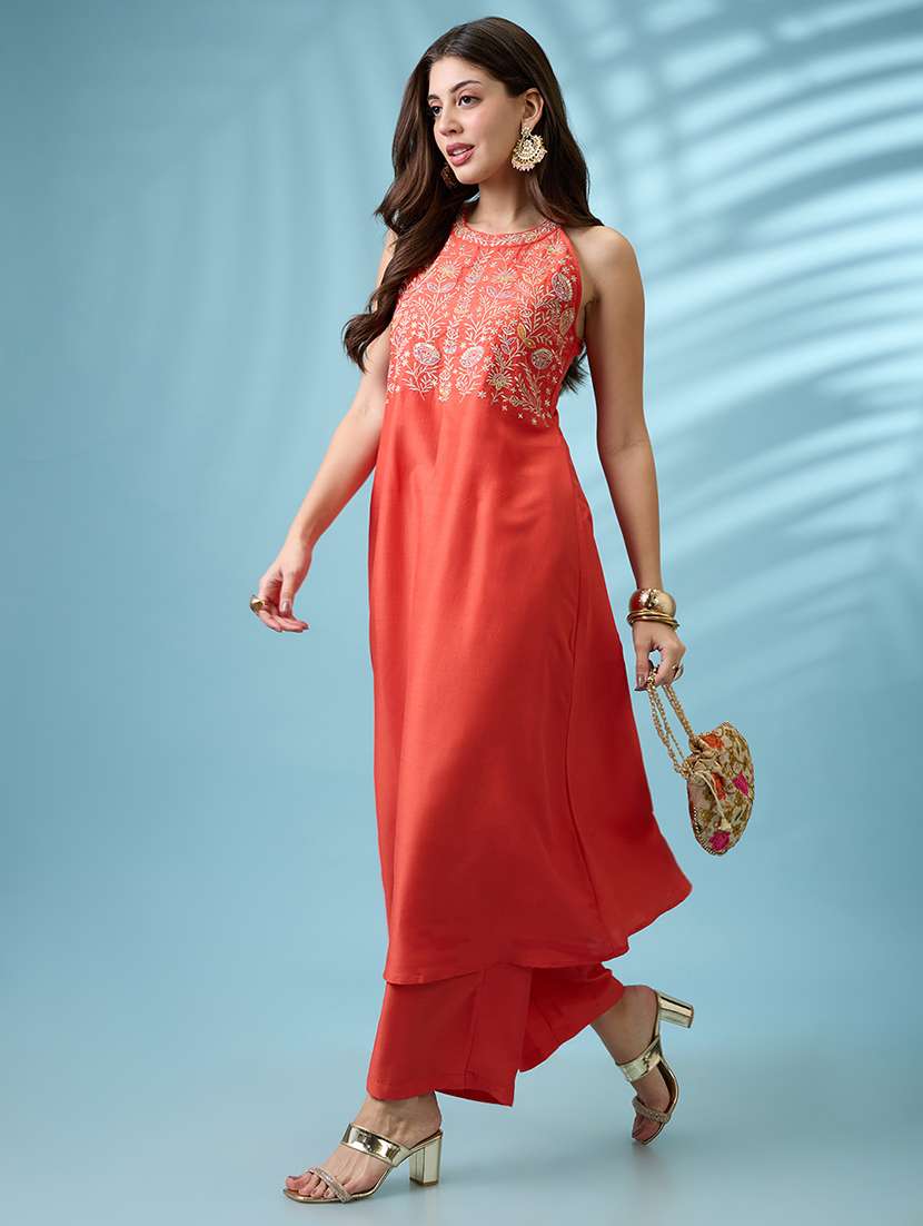 women orange floral embroidered yoke halter neck a-line kurta with straight pants festive set - 21926732 -  Standard Image - 1