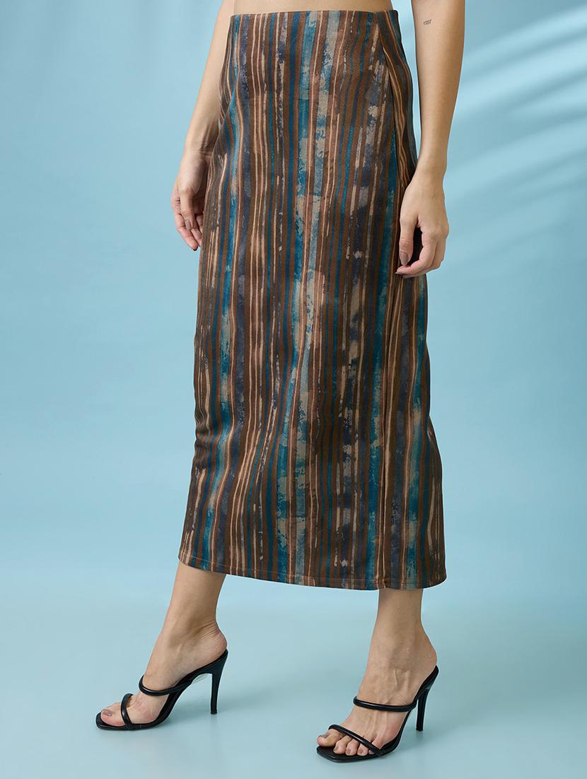 women multi color high rise stretchable hazzy print back slit workwear midi pencil skirt - 21926733 -  Standard Image - 1