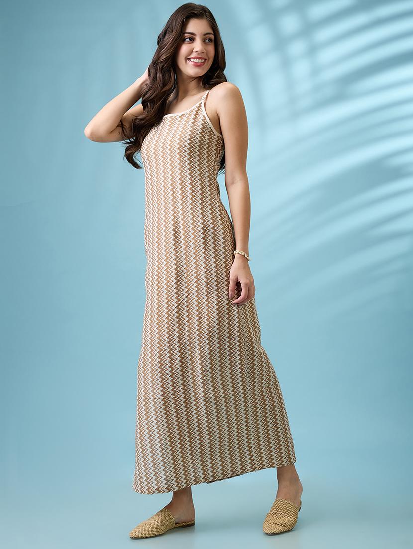 women brown crochet chevron pattern strappy sleeves side slit sheath maxi dress - 21926734 - Standard Image - 1