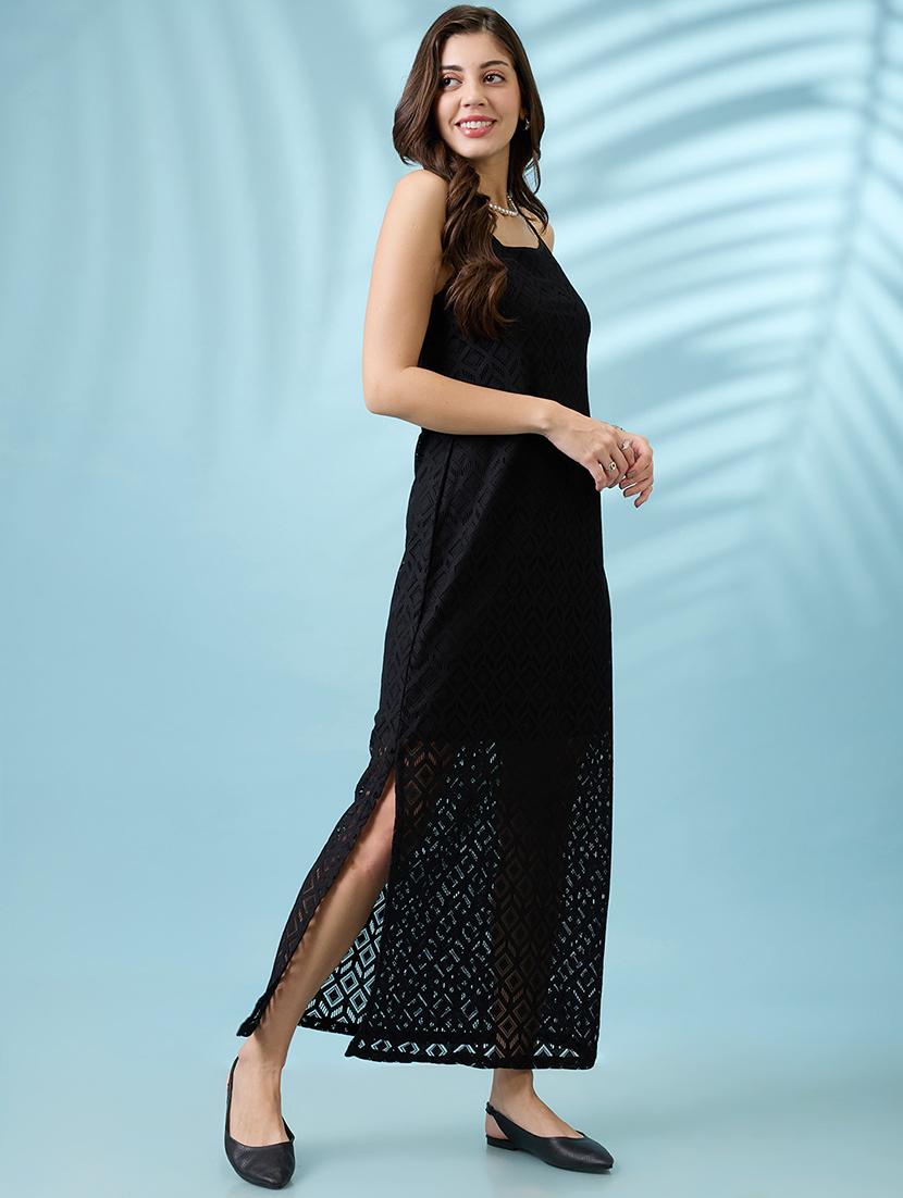 women black crochet geometric pattern strappy sleeves side slit sheath maxi dress - 21926735 -  Standard Image - 1