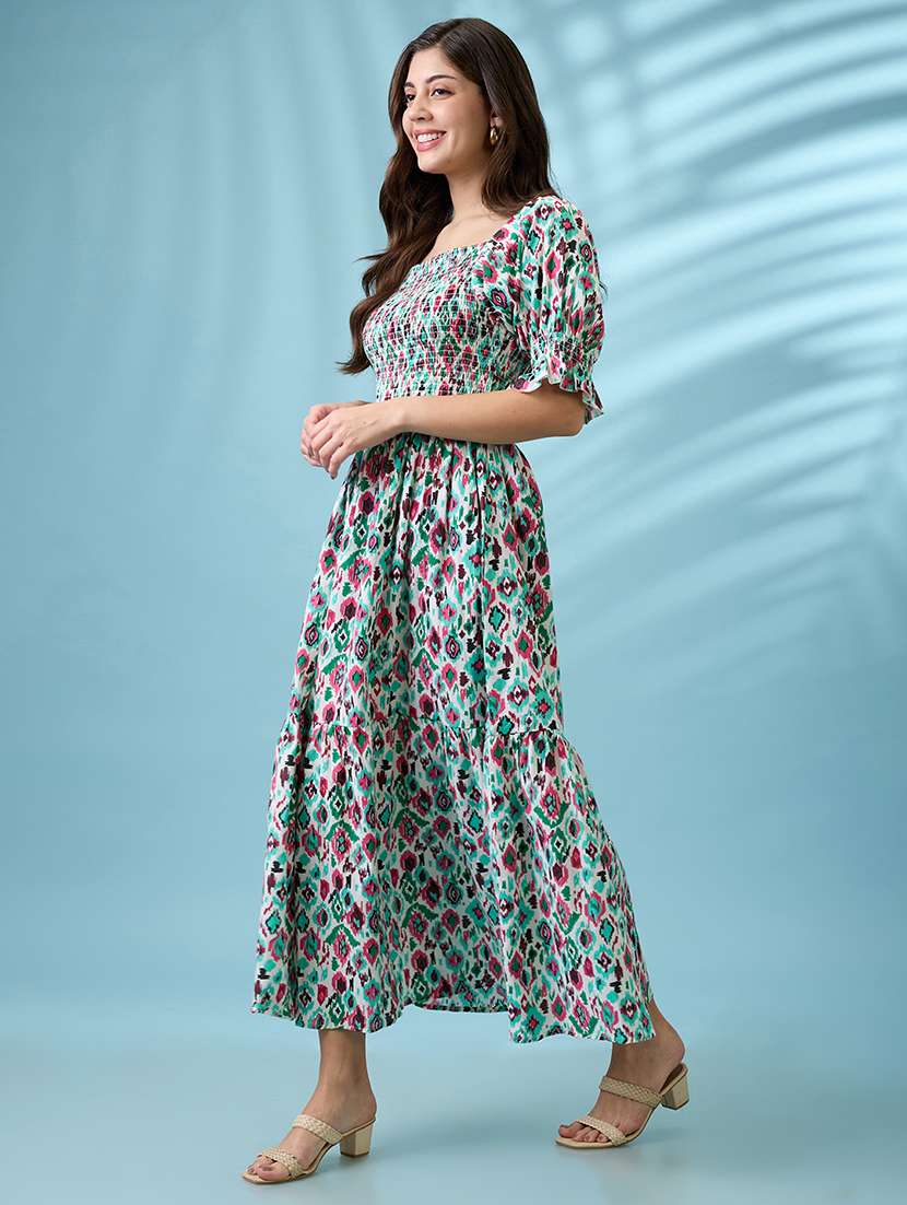 women multicolour ikat print square neck puff sleeves smocked tiered fit & flare maxi dress - 21926738 - Standard Image - 1