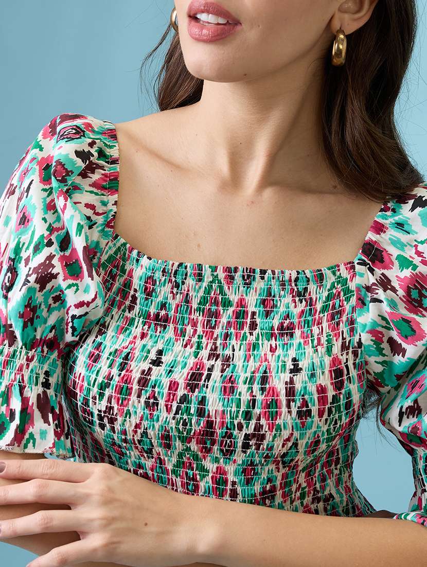 women multicolour ikat print square neck puff sleeves smocked tiered fit & flare maxi dress - 21926738 - Standard Image - 4