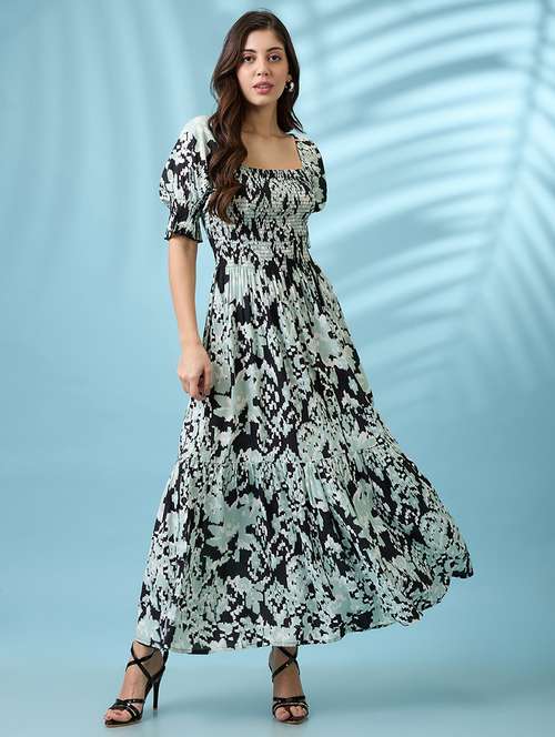 women black abstract printed square neck puff sleeves smocked tiered fit & flare maxi dress - 21926739 -  Standard Image - 0