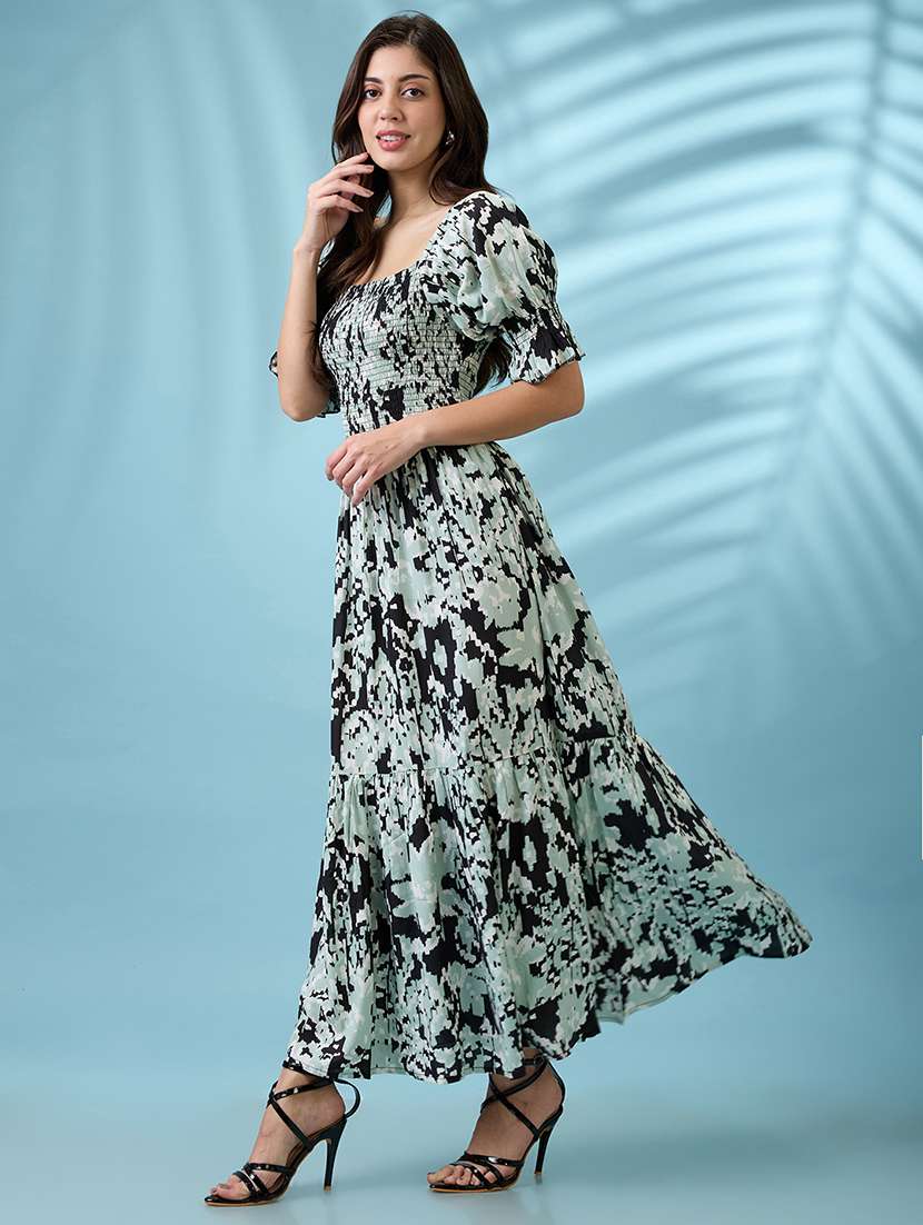 women black abstract printed square neck puff sleeves smocked tiered fit & flare maxi dress - 21926739 - Standard Image - 1