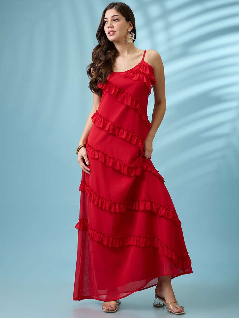Women Red Scoop Neck Strappy Sleeves Ruffle Detail Georgette A Line Maxi Party Dress