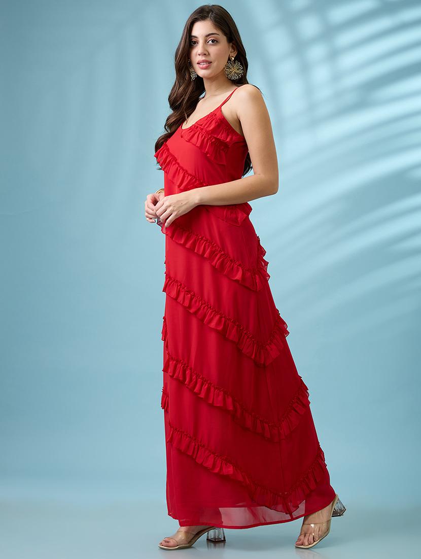 women red scoop neck strappy sleeves ruffle detail georgette a-line maxi party dress - 21926742 -  Standard Image - 1