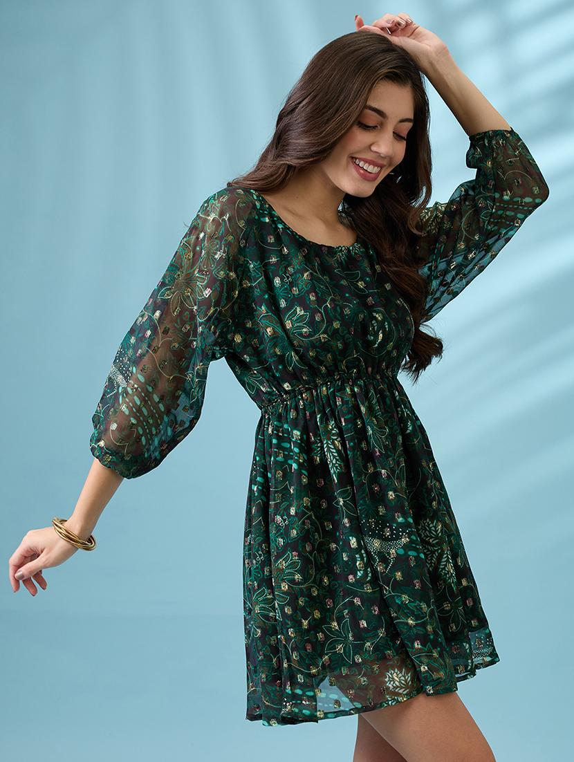 women green reglan sleeves stylized back floral printed lurex detail fit & flare mini georgette party dress - 21926744 -  Standard Image - 1