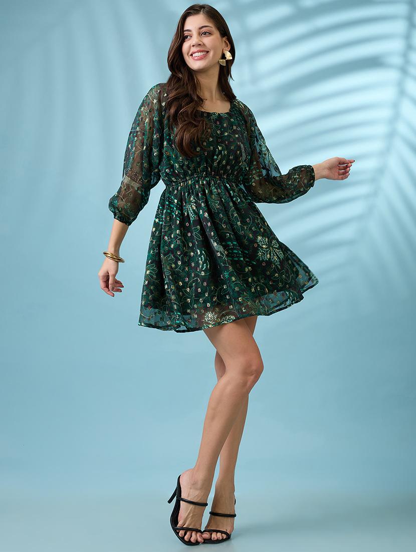 women green reglan sleeves stylized back floral printed lurex detail fit & flare mini georgette party dress - 21926744 - Standard Image - 4