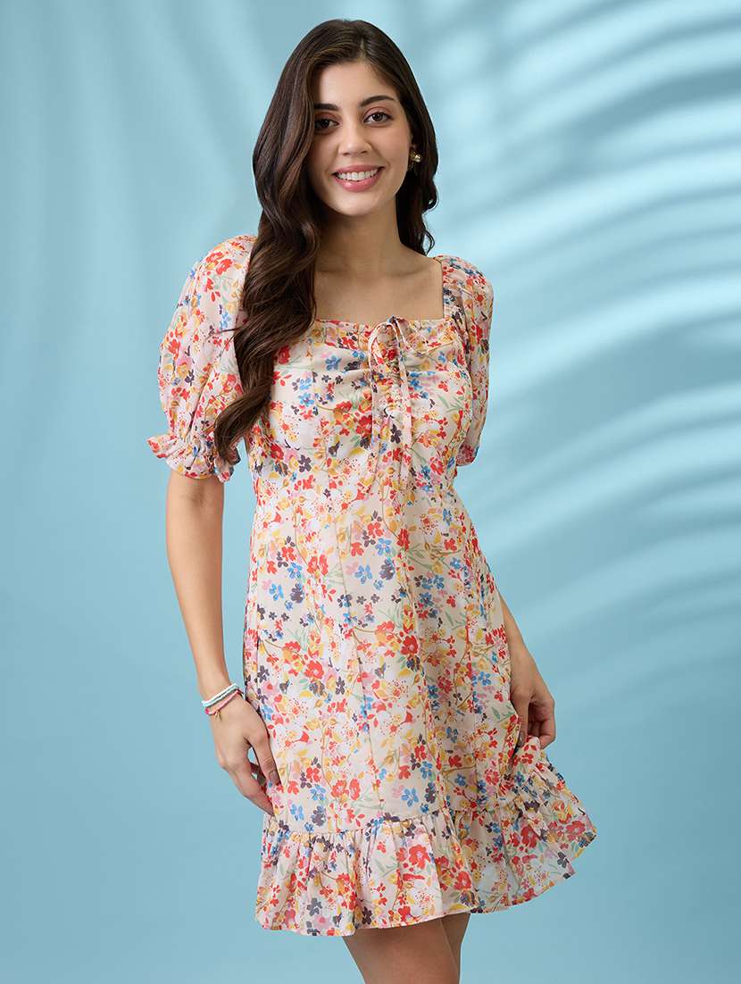 women white all over floral printed  square neck puff sleeves ruched detail georgette ruffle hem mini party dress
