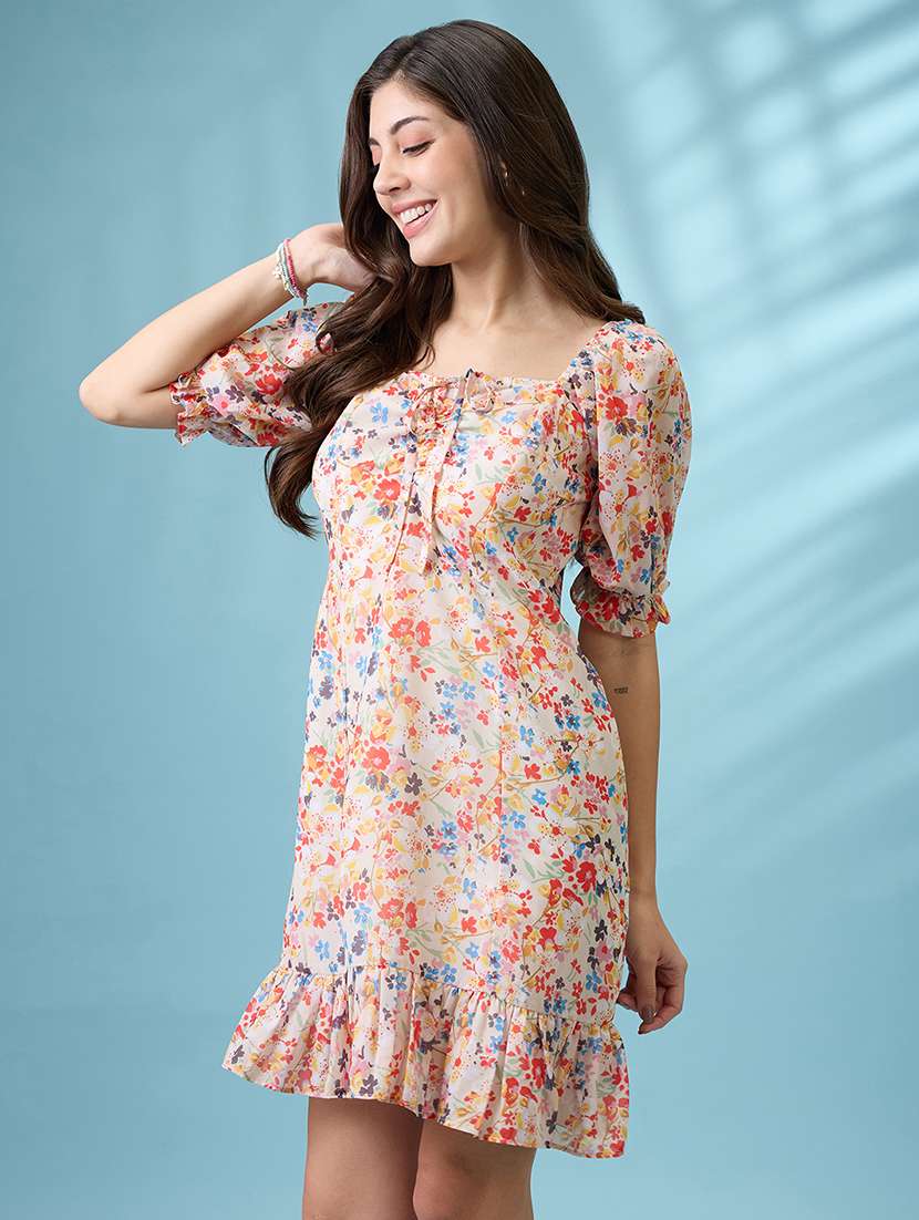 women white all over floral printed  square neck puff sleeves ruched detail georgette ruffle hem mini party dress - 21926746 -  Standard Image - 1