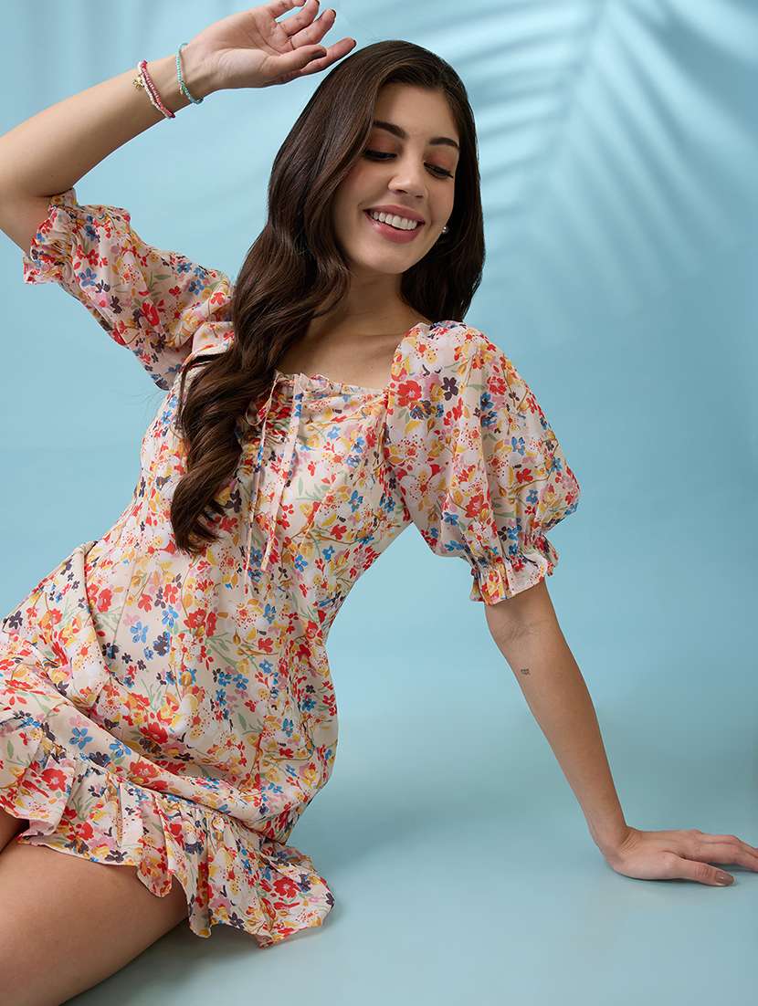 women white all over floral printed  square neck puff sleeves ruched detail georgette ruffle hem mini party dress - 21926746 -  Standard Image - 4