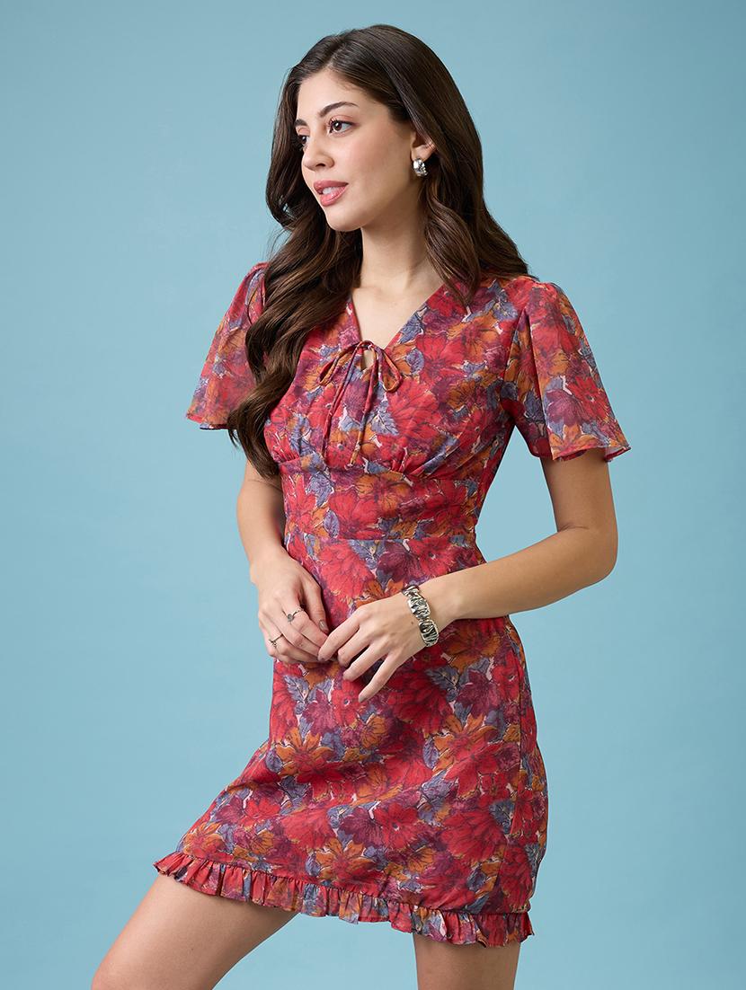 women pink allover floral printed v-neck flared sleeves frilled hem sheath mini dress - 21926749 -  Standard Image - 1