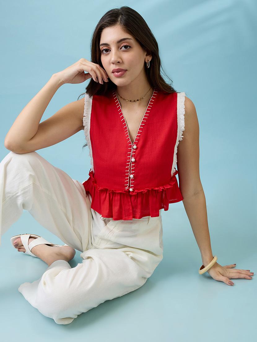 women red v-neck thread work detail & lace inserts pleated crop top - 21926751 - Standard Image - 1