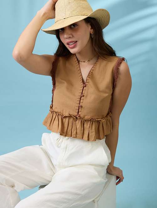 women beige v-neck thread work detail & lace inserts pleated crop top - 21926752 -  Standard Image - 0