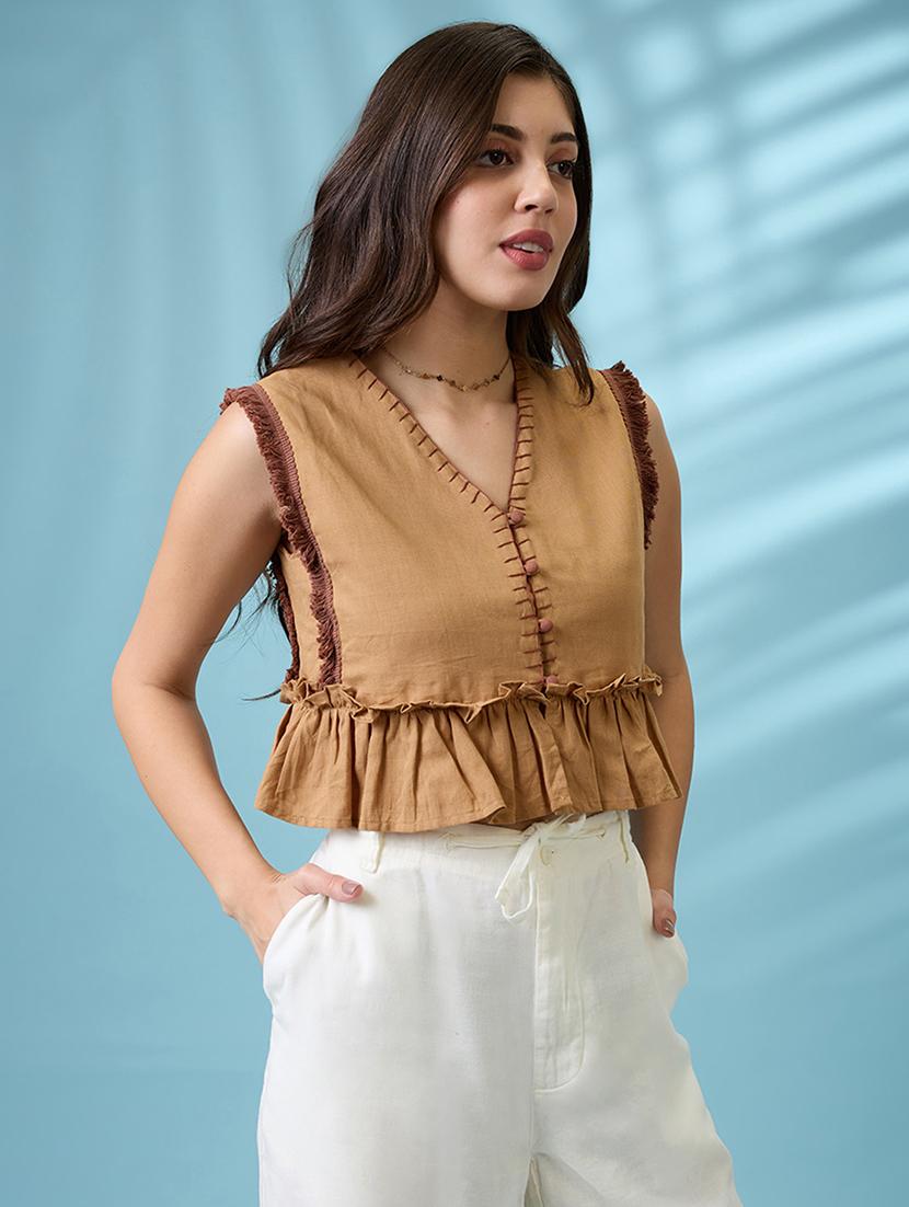 women beige v-neck thread work detail & lace inserts pleated crop top - 21926752 - Standard Image - 1