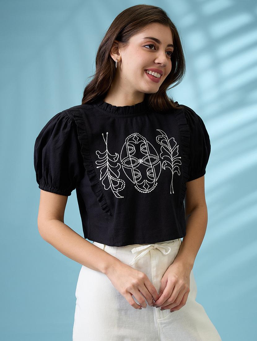women black high neck puff sleeves frills & embroidered detail crop top - 21926753 - Standard Image - 1