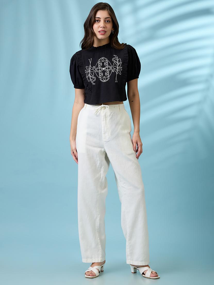 women black high neck puff sleeves frills & embroidered detail crop top - 21926753 - Standard Image - 4