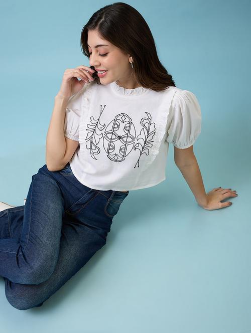 women white high neck puff sleeves frills & embroidered detail crop top - 21926754 - Standard Image - 0