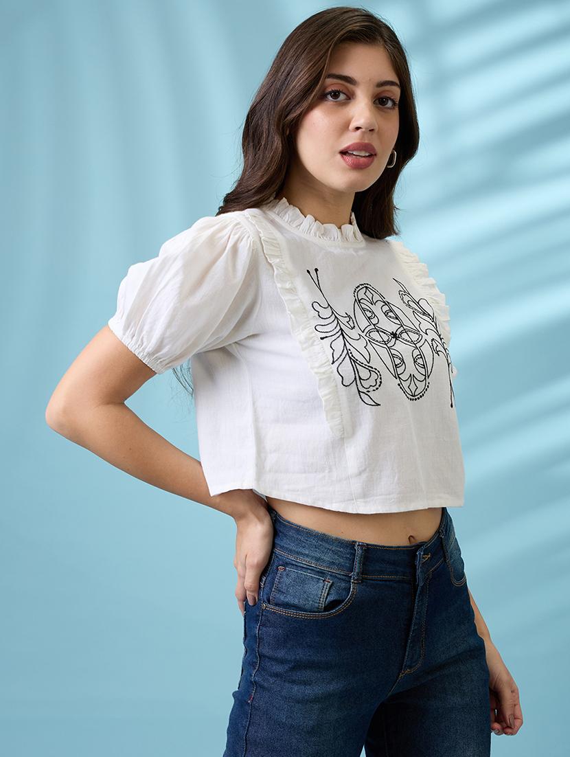 women white high neck puff sleeves frills & embroidered detail crop top - 21926754 - Standard Image - 1