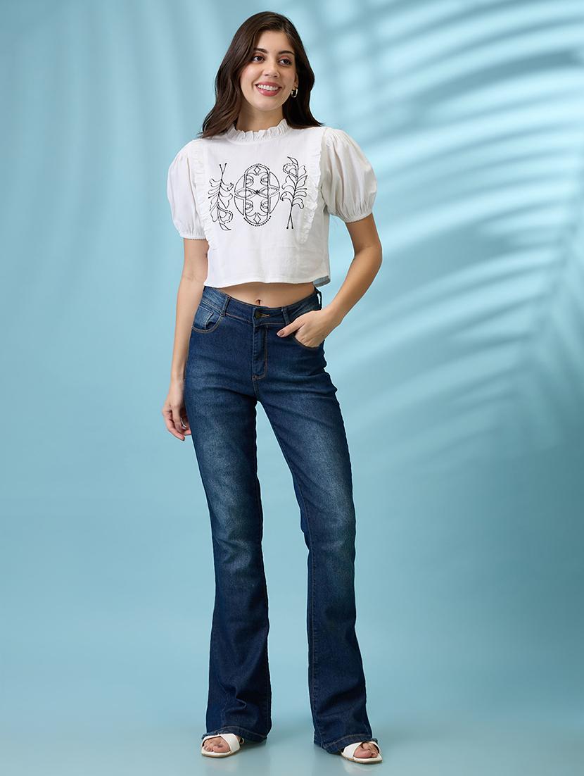 women white high neck puff sleeves frills & embroidered detail crop top - 21926754 - Standard Image - 4