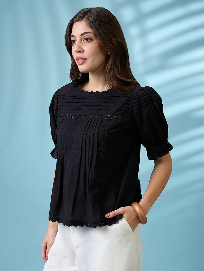 Women Black Round Neck Puff Sleeves Solid Lace Inserts Pleated Top - 21926756 -  Standard Image - 1