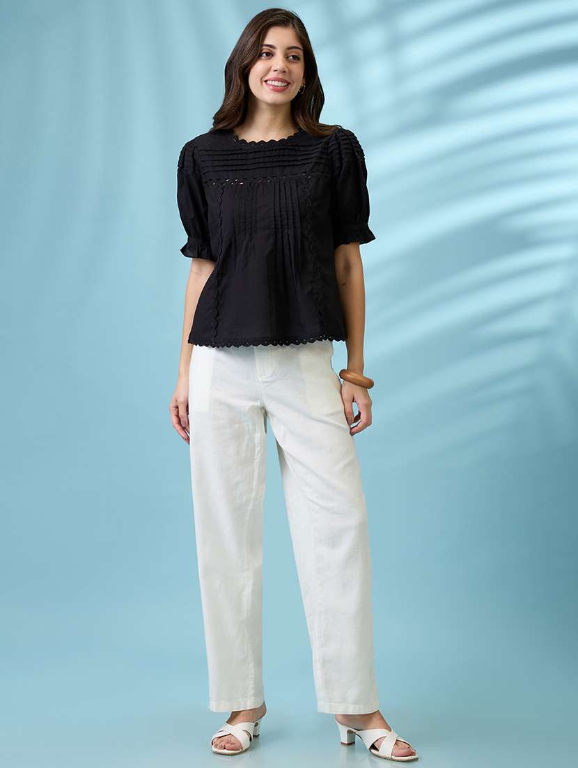 Women Black Round Neck Puff Sleeves Solid Lace Inserts Pleated Top - 21926756 -  Standard Image - 4
