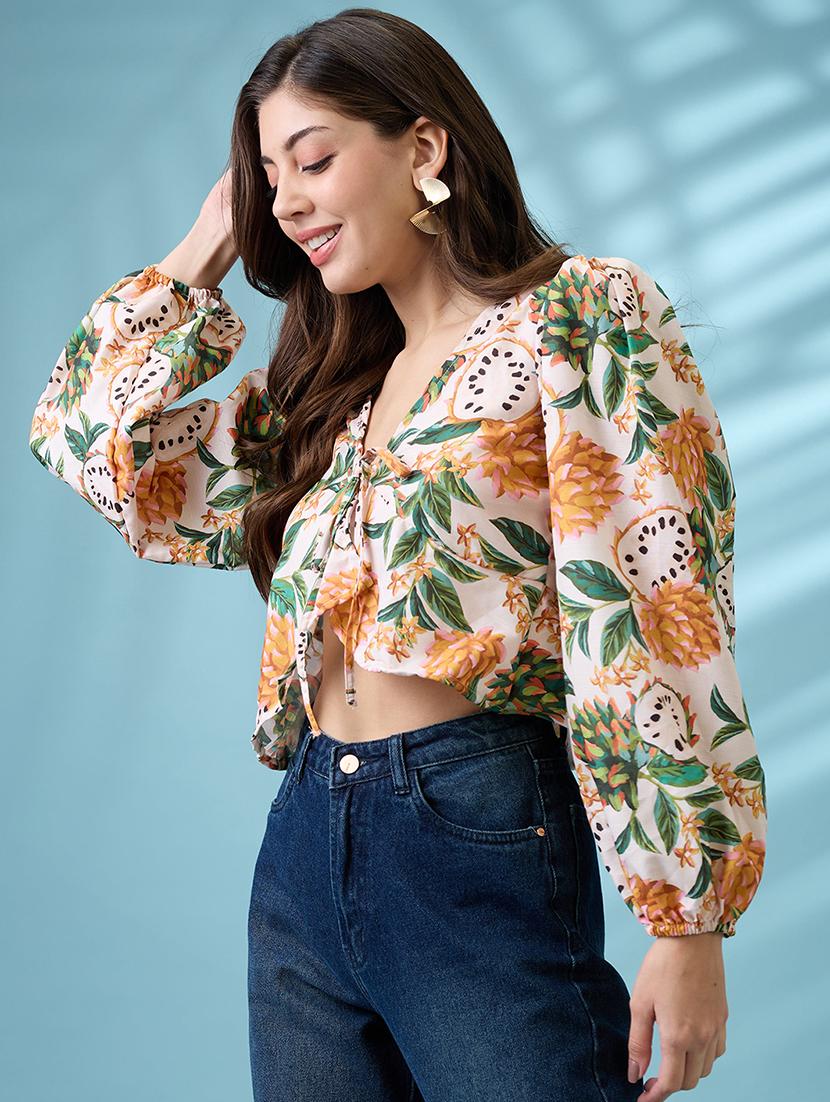 women yellow v-neck bishop sleeves tropical print tie-up detail wrap top - 21926757 -  Standard Image - 1