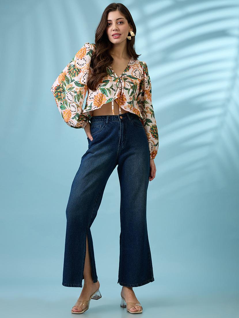 women yellow v-neck bishop sleeves tropical print tie-up detail wrap top - 21926757 - Standard Image - 4
