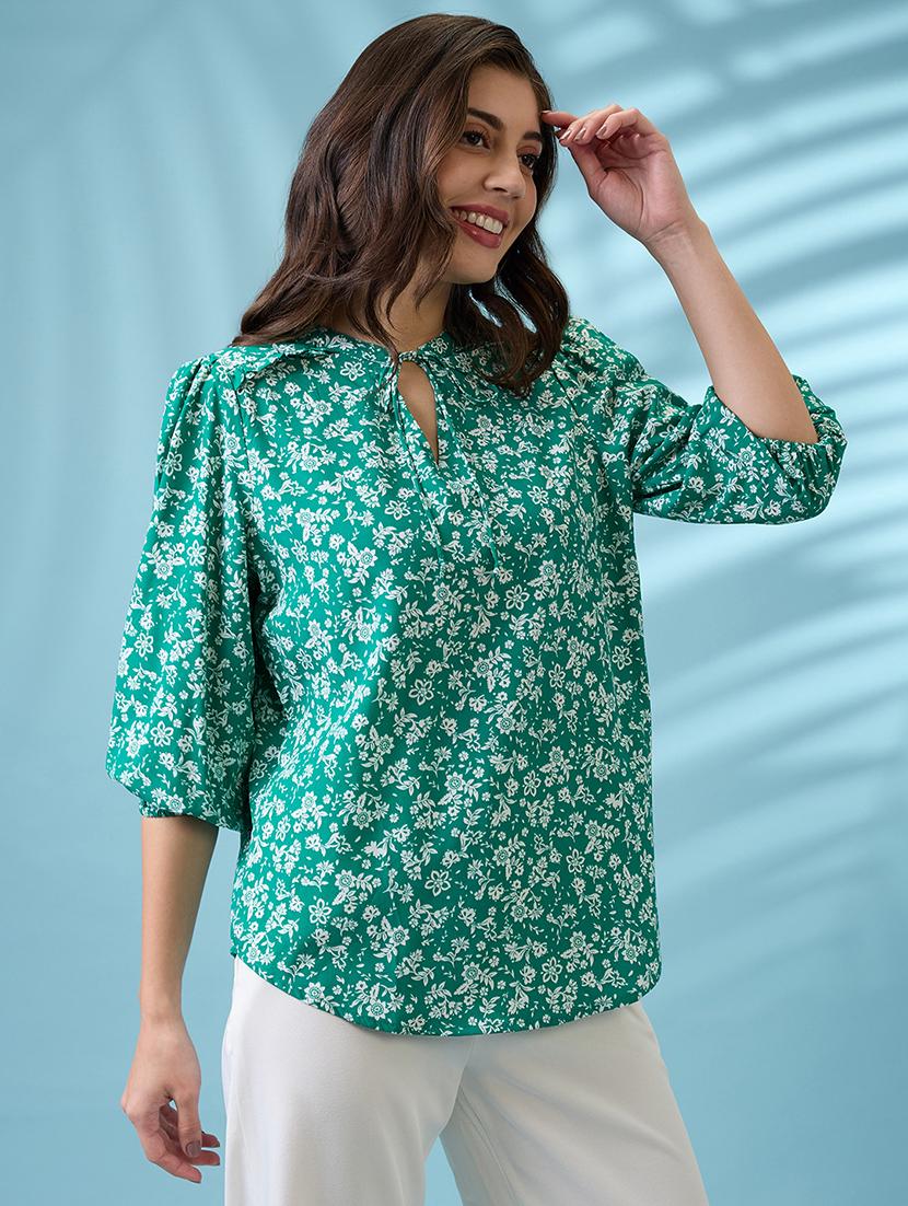 women green tie-up neck puff sleeves floral print curved hem top - 21926758 - Standard Image - 1