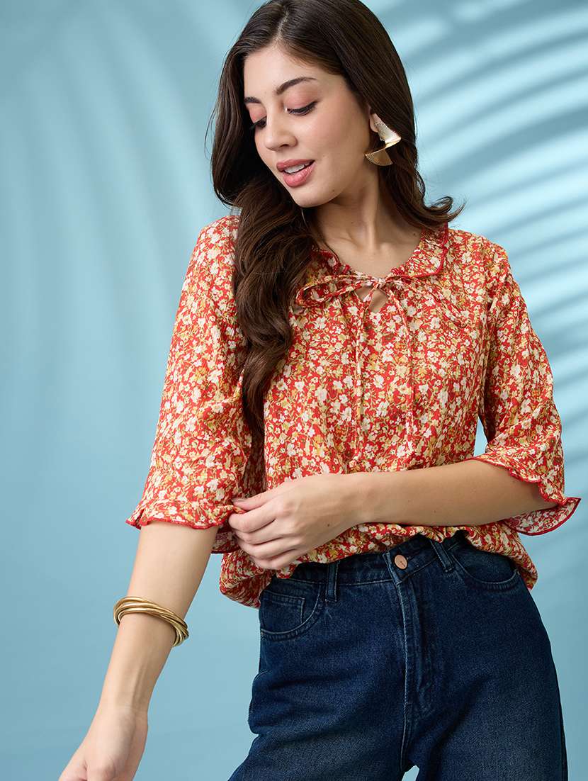 women red tie-up neck floral print frill detail top