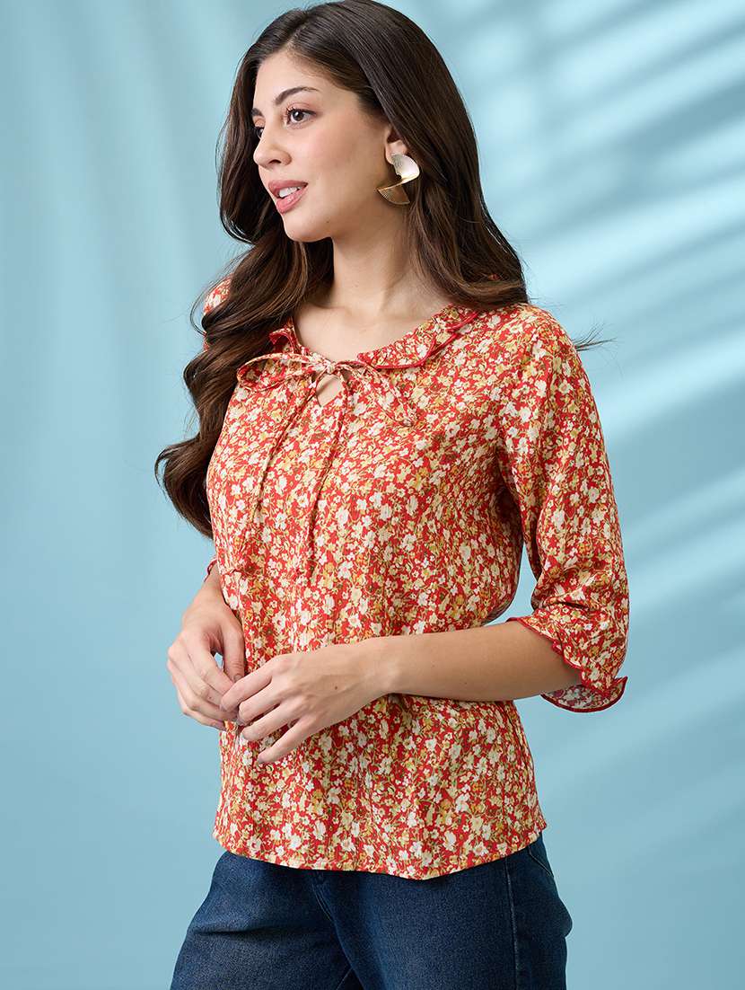 women red tie-up neck floral print frill detail top - 21926760 -  Standard Image - 1