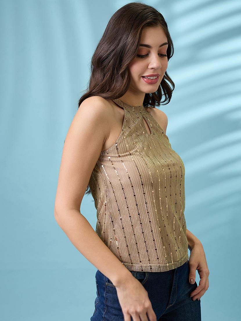 women gold keyhole halter neck sequinned detail party top - 21926761 - Standard Image - 1