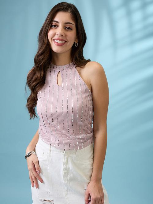 women pink keyhole halter neck sequinned detail party top - 21926762 - Standard Image - 0