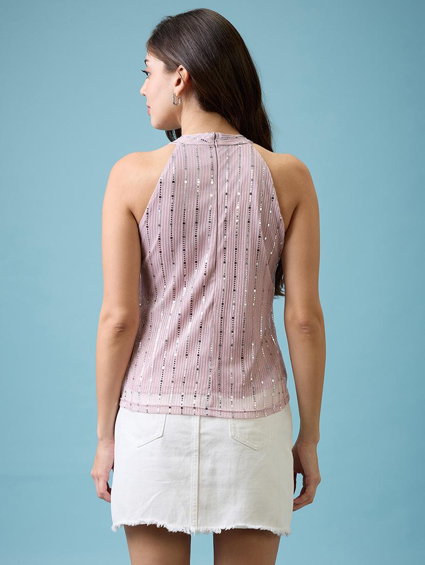 women pink keyhole halter neck sequinned detail party top - 21926762 - Standard Image - 4