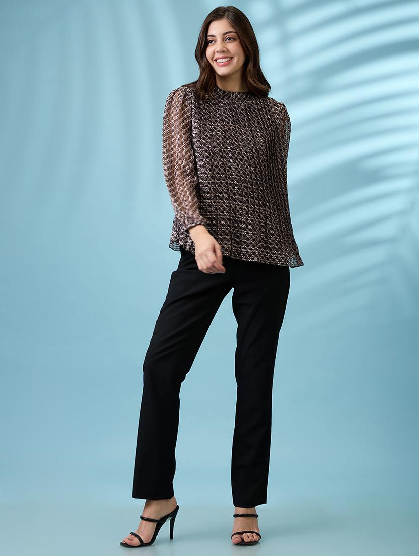women black high neck bishop sleeves abstract print pleated tie-back detail top - 21926763 - Standard Image - 4