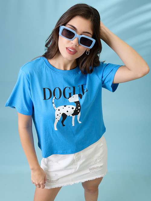women blue graphic print round neck short sleeves oversized t shirt - 21926768 -  Standard Image - 0