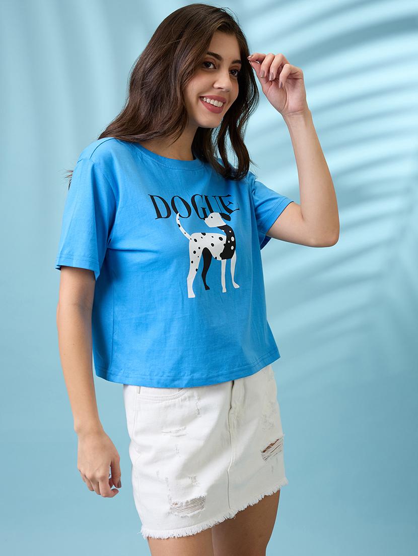 women blue graphic print round neck short sleeves oversized t shirt - 21926768 -  Standard Image - 1