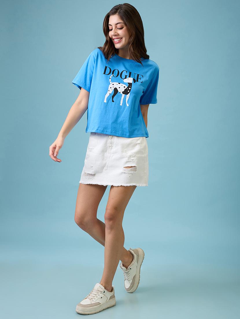 women blue graphic print round neck short sleeves oversized t shirt - 21926768 - Standard Image - 4