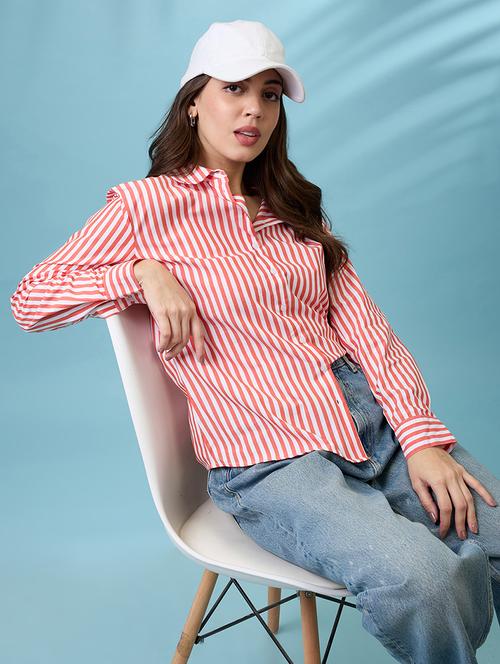 women red striped collared neck cuffed sleeves curved hem shirt - 21926772 -  Standard Image - 0