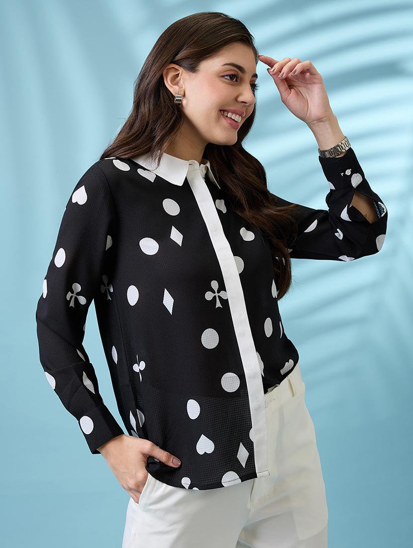 women black printed self design collared neck cuffed sleeves shirt