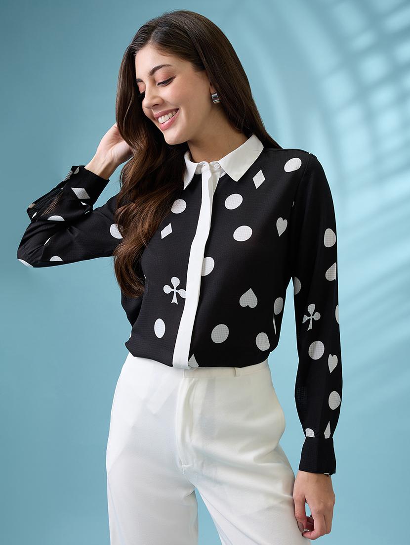 women black printed self design collared neck cuffed sleeves shirt - 21926775 - Standard Image - 1