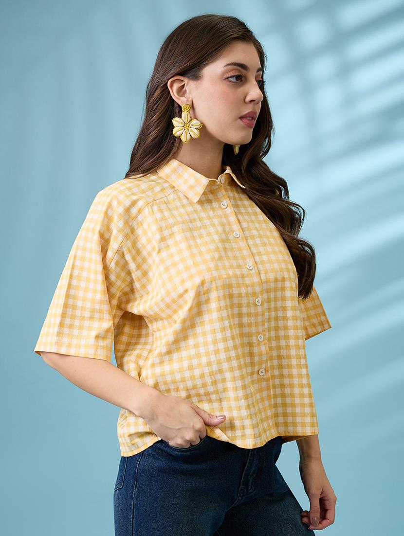 women's yellow and white checkered cotton shirt - 21926776 - Zoom Image - 0