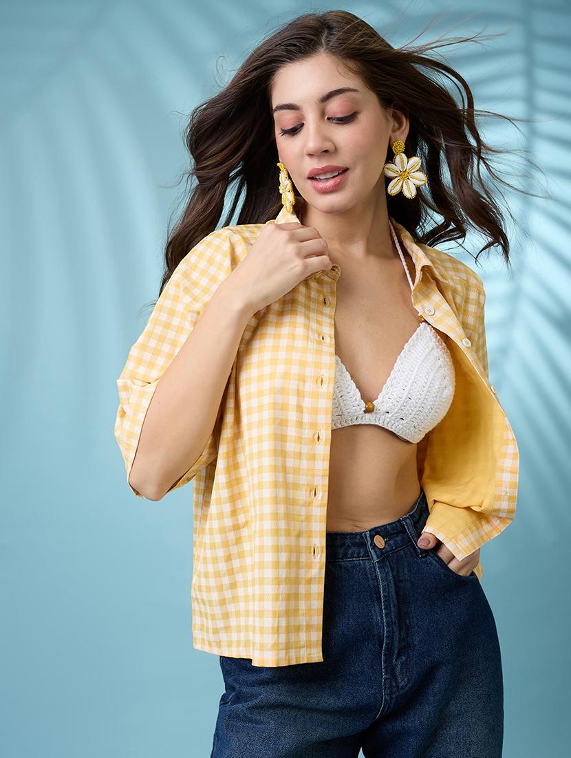 women's yellow and white checkered cotton shirt - 21926776 -  Standard Image - 1