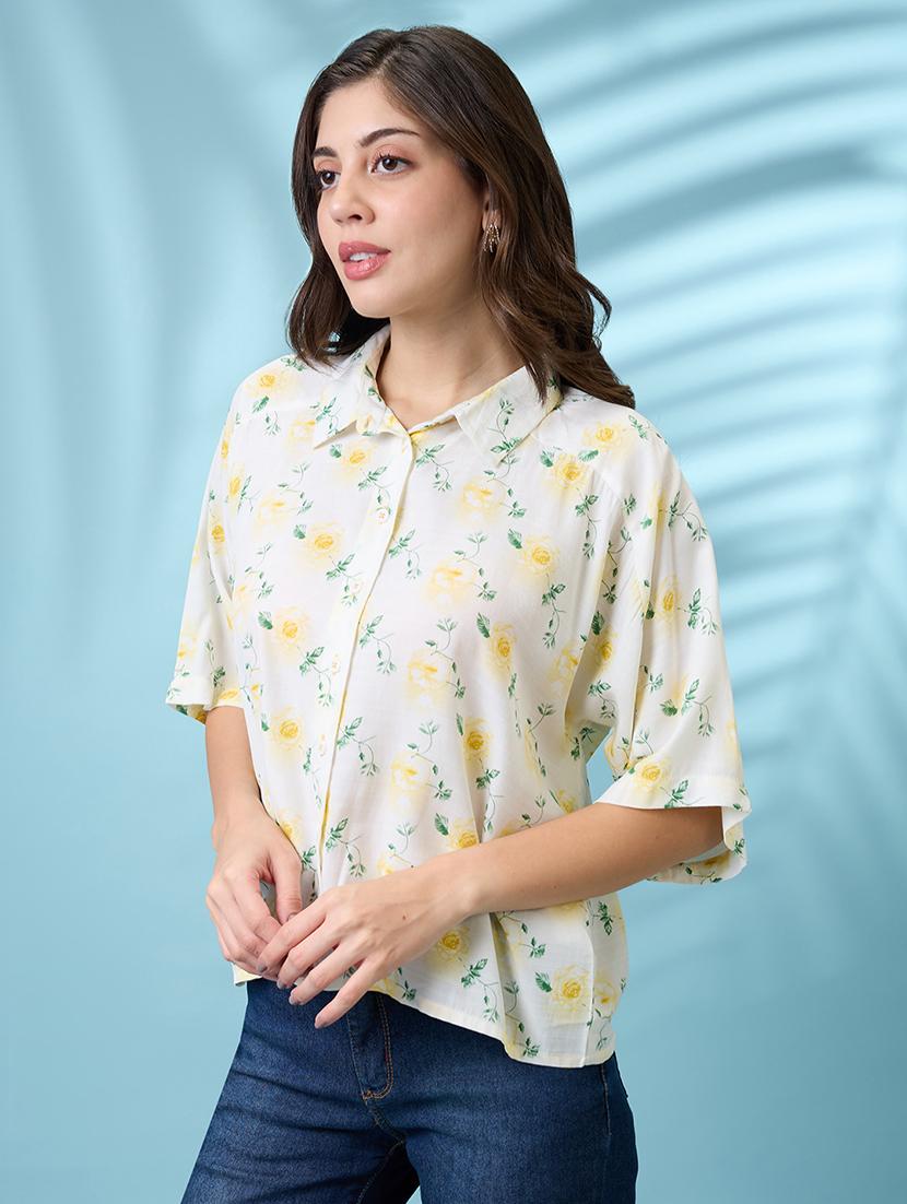 women off white floral print collared neck short sleeves shirt - 21926777 - Standard Image - 1