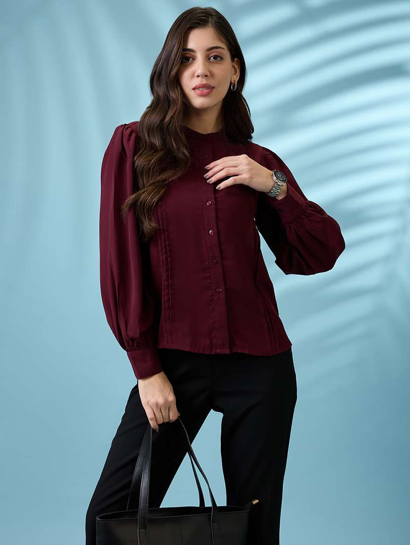 women burgundy pleated mandarin collar cuffed sleeves workwear shirt