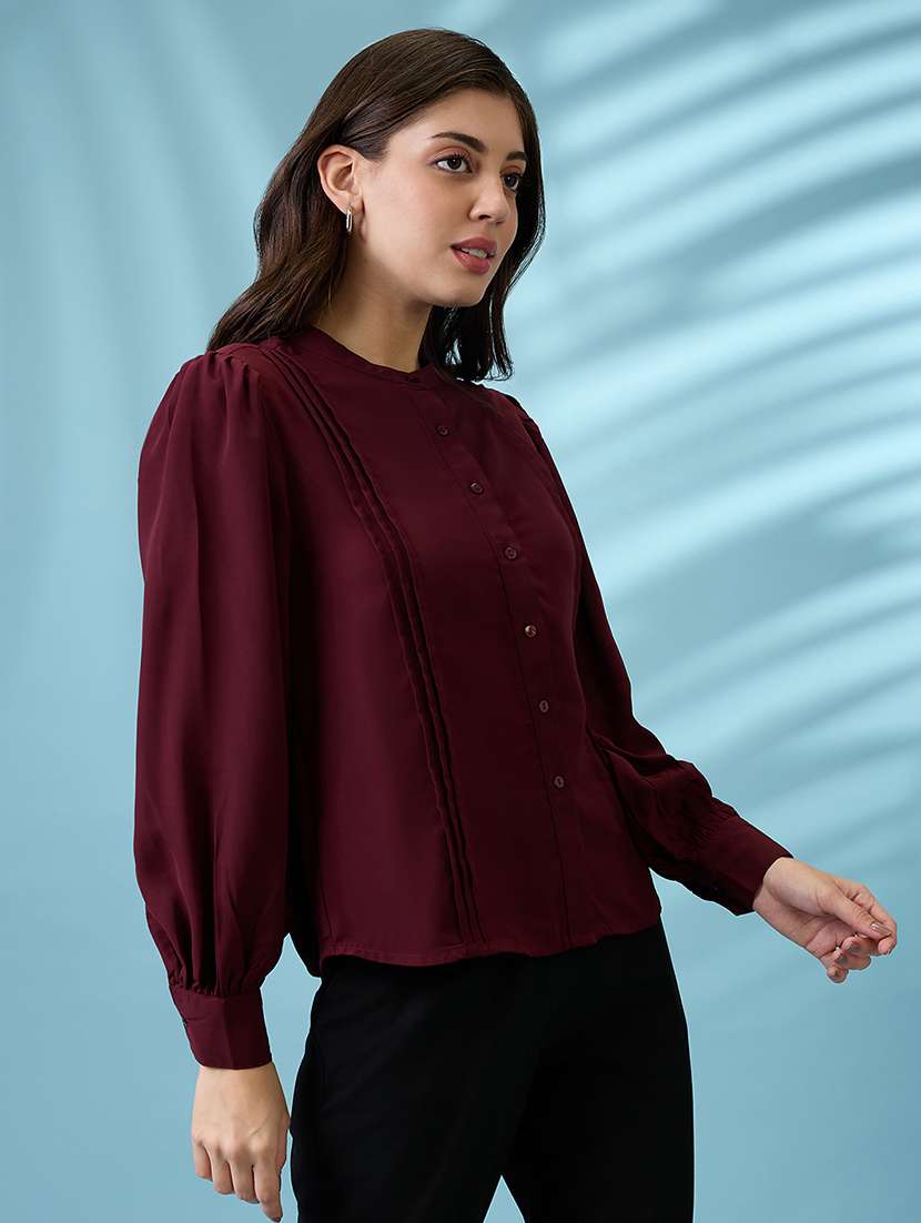 women burgundy pleated mandarin collar cuffed sleeves workwear shirt - 21926778 -  Standard Image - 1