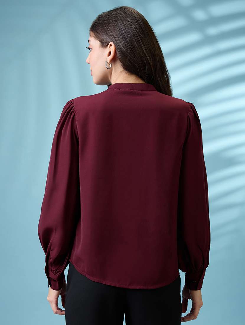 women burgundy pleated mandarin collar cuffed sleeves workwear shirt - 21926778 -  Standard Image - 4