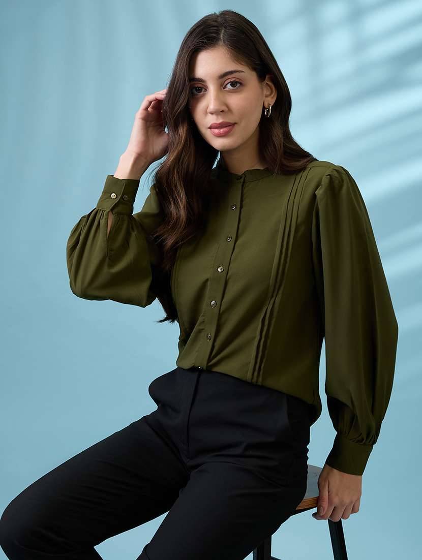 women green pleated mandarin collar cuffed sleeves workwear shirt
