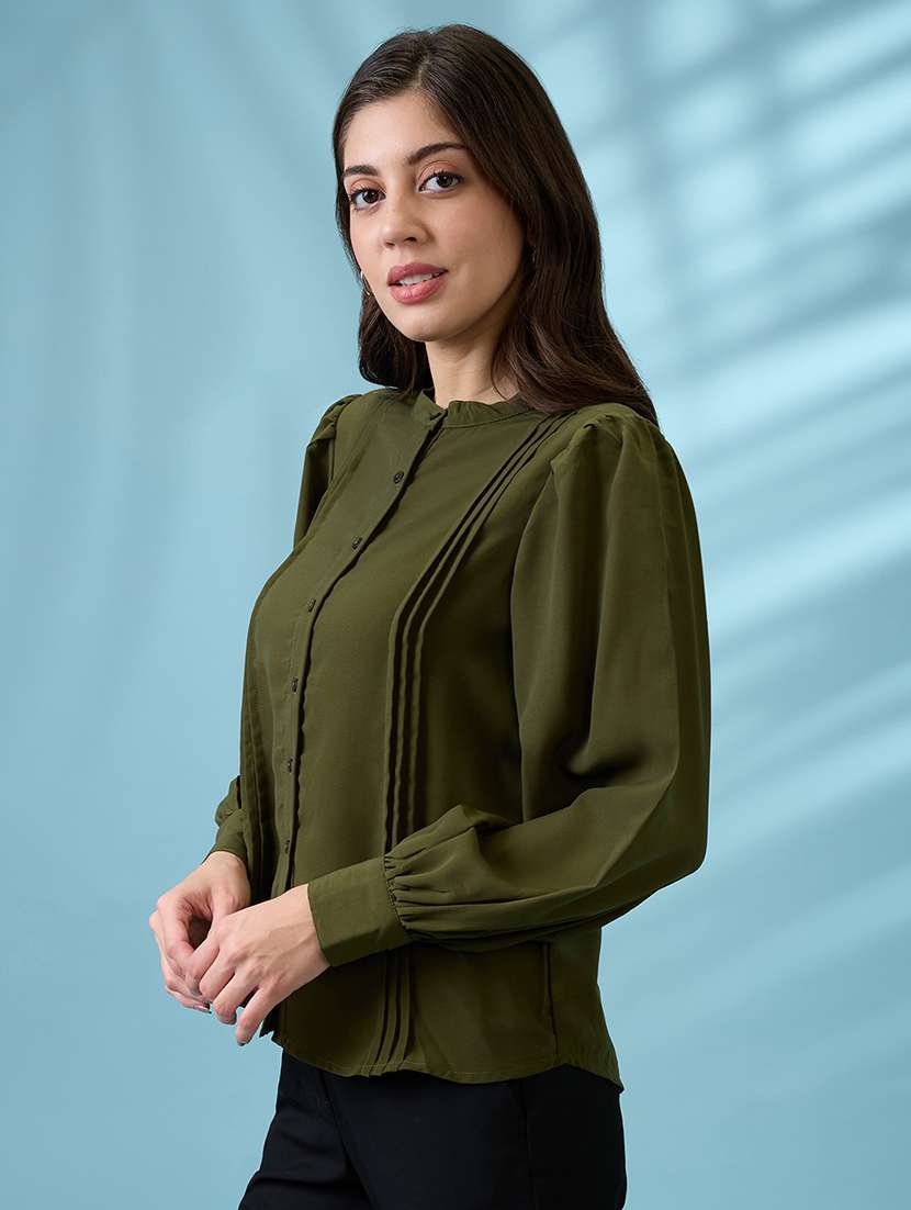 women green pleated mandarin collar cuffed sleeves workwear shirt - 21926779 -  Standard Image - 1