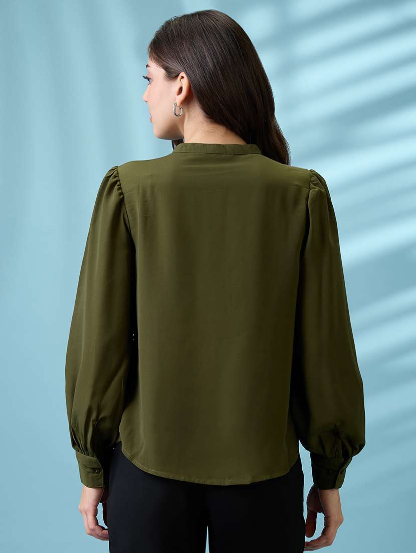women green pleated mandarin collar cuffed sleeves workwear shirt - 21926779 -  Standard Image - 4